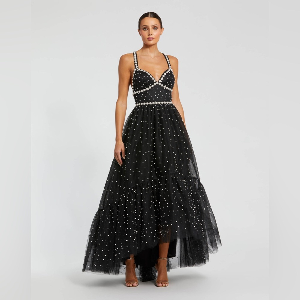 Mac Duggal Black Tulle High-Low Dress with White Pearl Accents